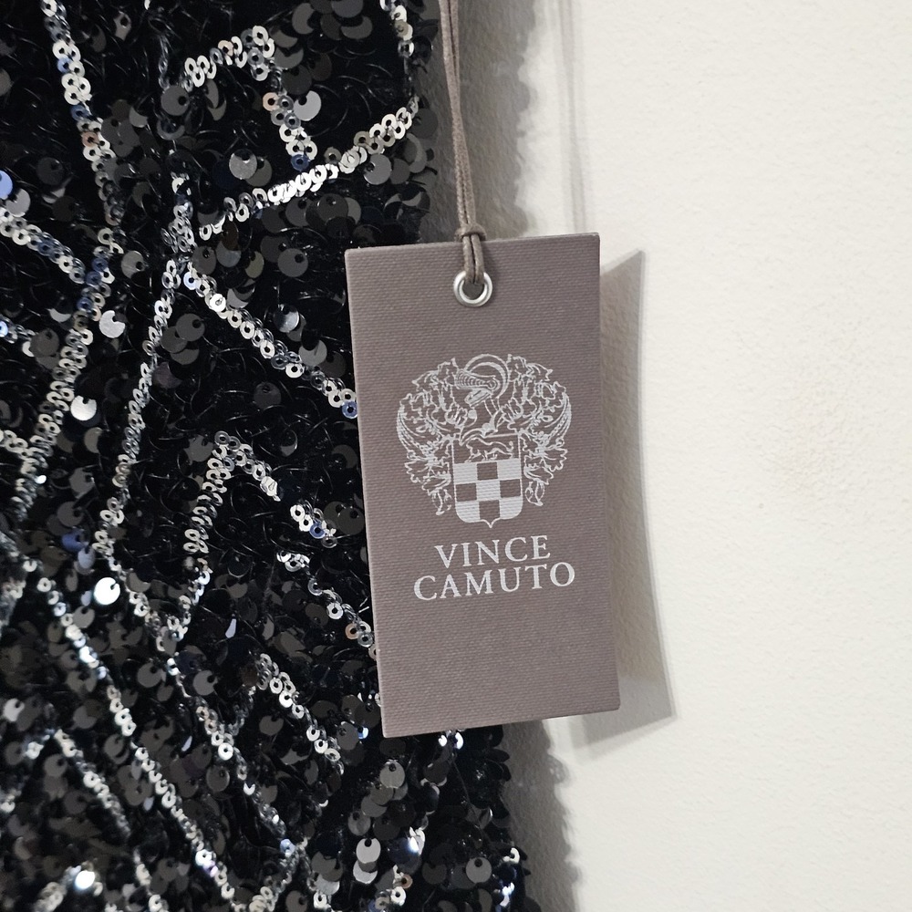 Vince Camuto Women Dress 4 Black Mini Capped Sleeve Deep Vneck Sheath Sequin 748 - Picture 8 of 15